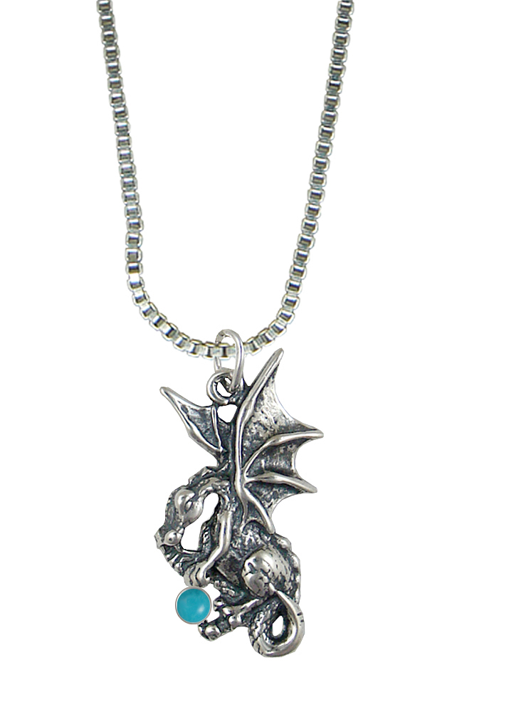 Sterling Silver Playful Dragon Pendant With Turquoise
